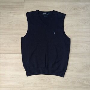 Polo Ralph Lauren Sweater Vest Size Small Navy Blue Pony Logo Cotton Knit Retro